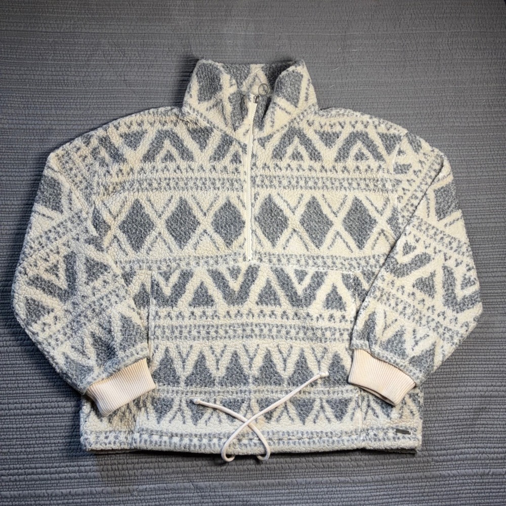 Billabong Womens Large Sherpa Fleece Pullover Quarter Zip Tribal Geometric Grey